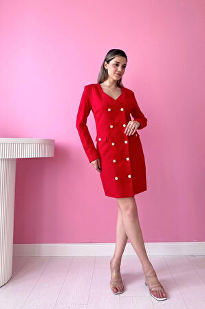 leyla sanat sanata yeni bir bakış açısı Kırmızı Gold Düğmeli Ceket Elbise