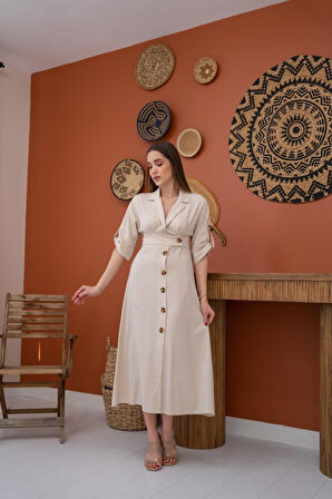 leyla sanat sanata yeni bir bakış açısı Bej Düğmeli Keten Elbise