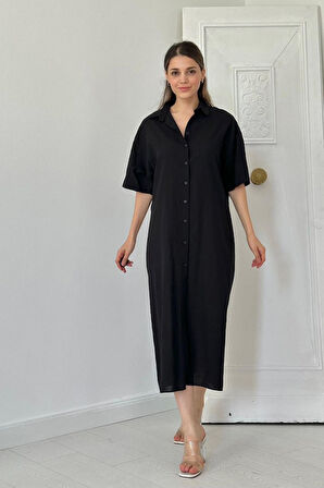 leyla sanat sanata yeni bir bakış açısı Siyah Keten Kısa Kollu Elbise