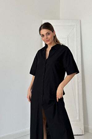 leyla sanat sanata yeni bir bakış açısı Siyah Keten Kısa Kollu Elbise