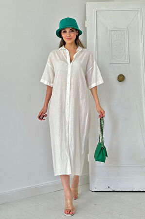 leyla sanat sanata yeni bir bakış açısı Beyaz Keten Kısa Kollu Elbise