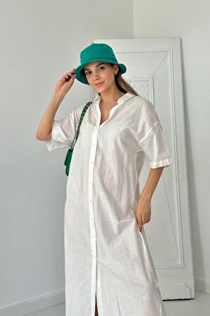 leyla sanat sanata yeni bir bakış açısı Beyaz Keten Kısa Kollu Elbise