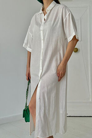 leyla sanat sanata yeni bir bakış açısı Beyaz Keten Kısa Kollu Elbise