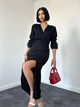 leyla sanat sanata yeni bir bakış açısı Siyah Yırtmaçlı Jakar Elbise