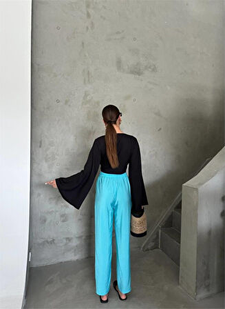 leyla sanat sanata yeni bir bakış açısı BEL LASTİK DETAYLI MODAL KUMAŞ PANTOLON - Mavi