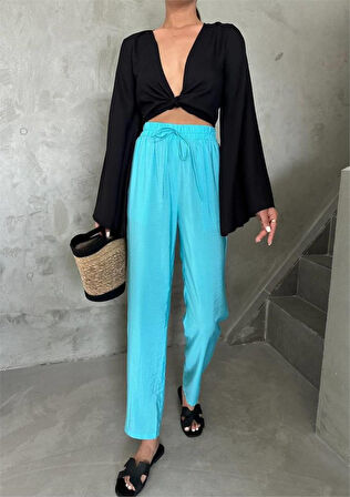 leyla sanat sanata yeni bir bakış açısı BEL LASTİK DETAYLI MODAL KUMAŞ PANTOLON - Mavi