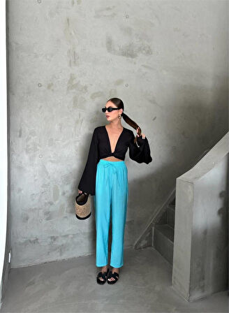 leyla sanat sanata yeni bir bakış açısı BEL LASTİK DETAYLI MODAL KUMAŞ PANTOLON - Mavi