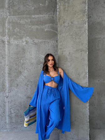 leyla sanat sanata yeni bir bakış açısı KRINKILL BÜSTİYER-PANTOLON-KİMONO TAKIM - Mavi