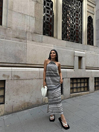 leyla sanat sanata yeni bir bakış açısı FİLE DANTEL KOLSUZ BOYUNDAN BAĞLAMALI ELBİSE - Bej