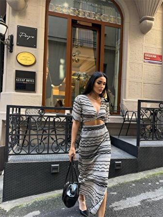 leyla sanat sanata yeni bir bakış açısı FİLE DANTEL BLUZ - YIRTMAÇLI ETEK TAKIM - Bej