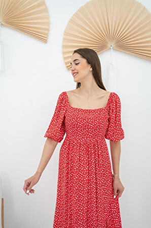 leyla sanat sanata yeni bir bakış açısı Kırmızı Çiçek Desenli Elbise