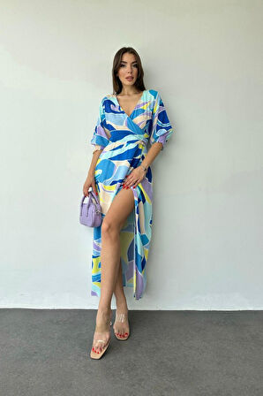 leyla sanat sanata yeni bir bakış açısı Mavi Desenli Yırtmaçlı Elbise