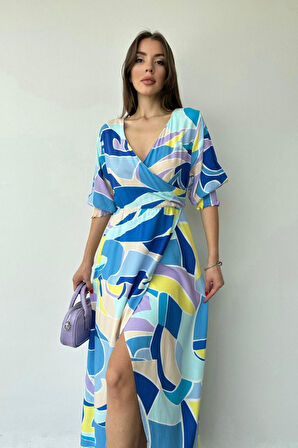 leyla sanat sanata yeni bir bakış açısı Mavi Desenli Yırtmaçlı Elbise