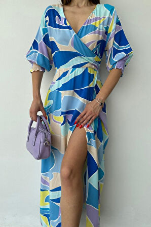 leyla sanat sanata yeni bir bakış açısı Mavi Desenli Yırtmaçlı Elbise