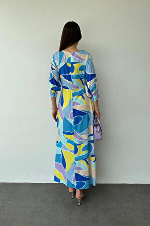 leyla sanat sanata yeni bir bakış açısı Mavi Desenli Yırtmaçlı Elbise