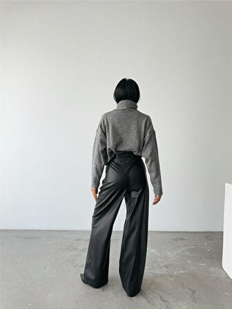 leyla sanat sanata yeni bir bakış açısı DERİ PALAZZO PANTOLON BORU PAÇA - Siyah
