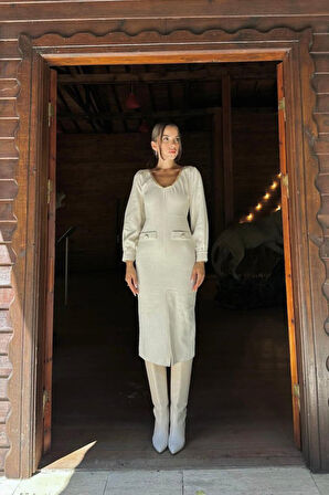 leyla sanat sanata yeni bir bakış açısı Ekru Geniş Boğazlı Elbise