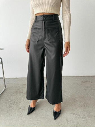 leyla sanat sanata yeni bir bakış açısı ÖN CEP DETAYLI DERİ PANTOLON - Siyah