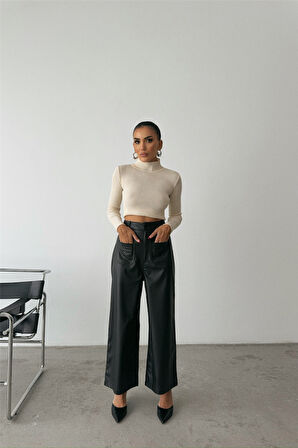 leyla sanat sanata yeni bir bakış açısı ÖN CEP DETAYLI DERİ PANTOLON - Siyah