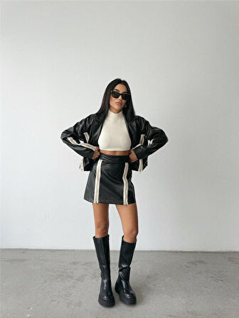 leyla sanat sanata yeni bir bakış açısı DERİ FERMUAR DETAYLI ETEK - Siyah