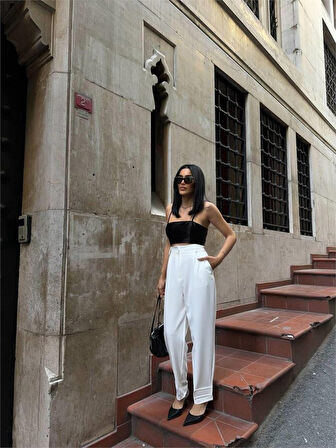 leyla sanat sanata yeni bir bakış açısı PAÇASI CIRTLI PANTOLON - Beyaz