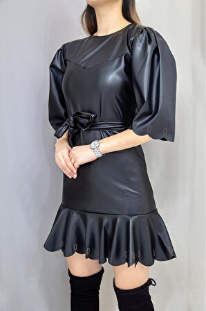 leyla sanat sanata yeni bir bakış açısı Siyah Deri Mini Elbise