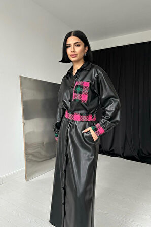 leyla sanat sanata yeni bir bakış açısı Siyah Garnili Etekli Deri Takım