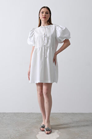 leyla sanat sanata yeni bir bakış açısı Balon Kol Kurdale Detaylı Elbise - Beyaz