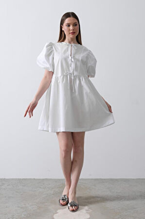 leyla sanat sanata yeni bir bakış açısı Balon Kol Kurdale Detaylı Elbise - Beyaz