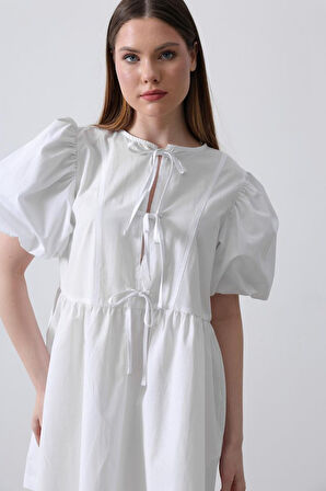 leyla sanat sanata yeni bir bakış açısı Balon Kol Kurdale Detaylı Elbise - Beyaz