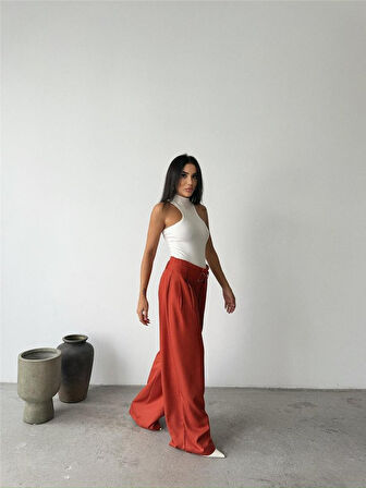 leyla sanat sanata yeni bir bakış açısı PALAZZO PANTOLON KUMAŞ KEMER DETAYLI - Kiremit