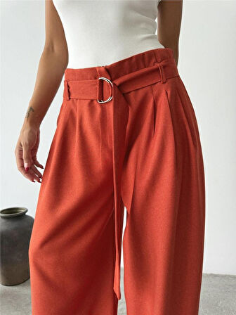 leyla sanat sanata yeni bir bakış açısı PALAZZO PANTOLON KUMAŞ KEMER DETAYLI - Kiremit