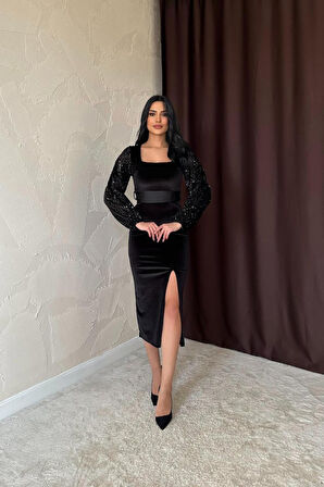 leyla sanat sanata yeni bir bakış açısı Siyah Pul Payetli Kadife Elbise