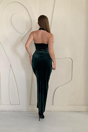 leyla sanat sanata yeni bir bakış açısı Zümrüt Omzu Açık Kadife Elbise