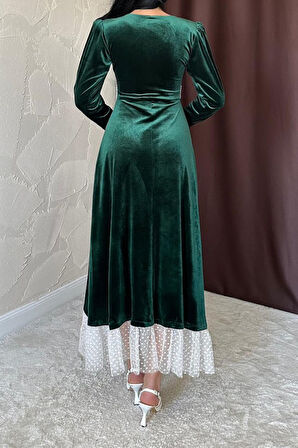 leyla sanat sanata yeni bir bakış açısı Zümrüt İnci Aksesuarlı Kadife Elbise