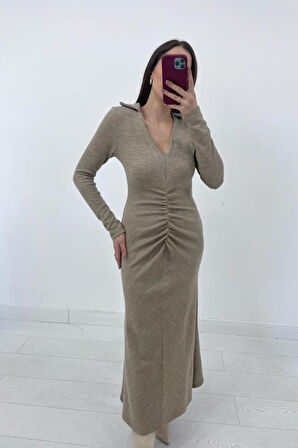 leyla sanat sanata yeni bir bakış açısı Bej Büzgülü Triko Balık Elbise