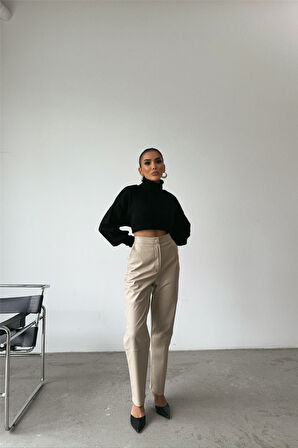 leyla sanat sanata yeni bir bakış açısı DERİ PANTOLON DİZ PARÇALI - Taş