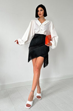 leyla sanat sanata yeni bir bakış açısı Siyah Püsküllü Saten Etek