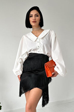 leyla sanat sanata yeni bir bakış açısı Siyah Püsküllü Saten Etek