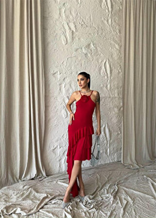 leyla sanat sanata yeni bir bakış açısı GÜLLÜ ELBİSE ASİMETRİK KATLI - Kırmızı