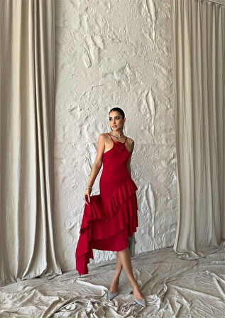 leyla sanat sanata yeni bir bakış açısı GÜLLÜ ELBİSE ASİMETRİK KATLI - Kırmızı