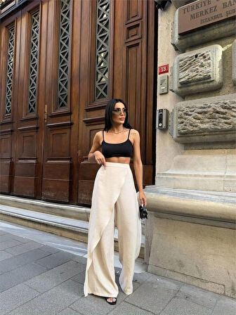 leyla sanat sanata yeni bir bakış açısı ŞALVAR KAPAK BAĞLAMALI PANTOLON - Bej