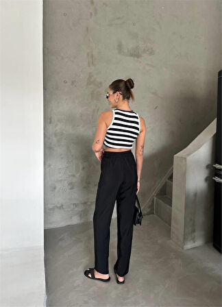 leyla sanat sanata yeni bir bakış açısı BEL LASTİK DETAYLI MODAL KUMAŞ PANTOLON - Siyah