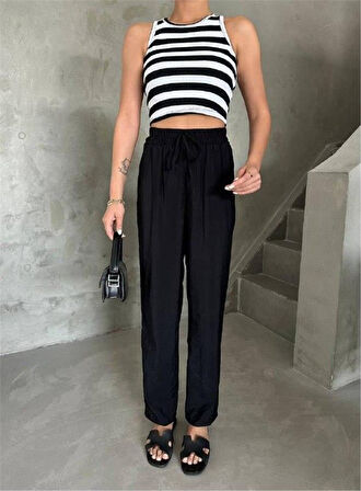 leyla sanat sanata yeni bir bakış açısı BEL LASTİK DETAYLI MODAL KUMAŞ PANTOLON - Siyah