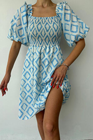 leyla sanat sanata yeni bir bakış açısı Mavi Kare Desenli Yazlık Elbise