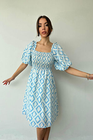 leyla sanat sanata yeni bir bakış açısı Mavi Kare Desenli Yazlık Elbise