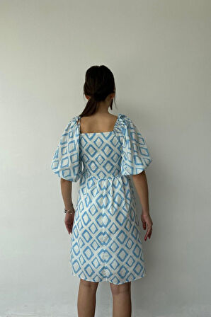 leyla sanat sanata yeni bir bakış açısı Mavi Kare Desenli Yazlık Elbise