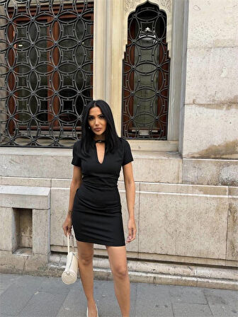 leyla sanat sanata yeni bir bakış açısı POLO YAKA YAKA KEMER DETAYLI KALEM ELBİSE - Siyah