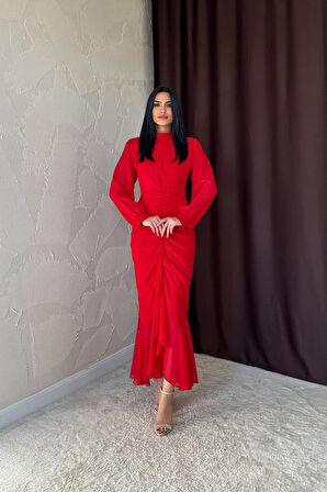 leyla sanat sanata yeni bir bakış açısı Kırmızı Önü Büzgülü Şifon Elbise