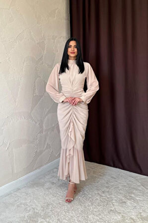 leyla sanat sanata yeni bir bakış açısı Bej Önü Büzgülü Şifon Elbise
